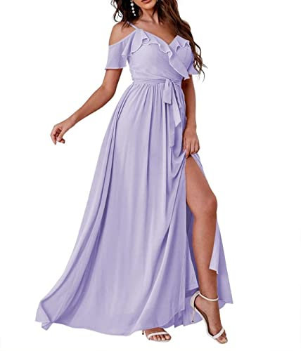 WSEYU Scollo a V Abiti da damigella d'onore lunghi con fessura in chiffon una linea di volant abiti da ballo con tasche C088, Lilla, 34