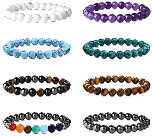 KALVICA 8 Stück 8MM Perlen Armband für Herren Damen Tigerauge Set Naturstein Lavasteine Türkis Rosa Kristall Amethyst Malachit Chakra Bead Achat Yoga Elastisches Armband Set