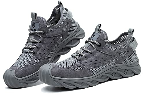 Eivaza Säkerhetsskor, arbetsskor, lätta, sportiga stålhätta, ventilerande sneakers med stålhätta, män, beställ, kvinnor, storlek 35–46, C grå, 44 EU