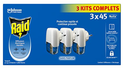 Raid Diffuseurs Electriques Liquides 3 Kits 3en1 - Moustiques & Moustiques Tigres - 3 Diffuseurs + 3 Recharges 45 Nuits