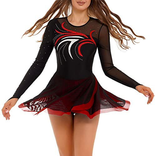 inlzdz Eiskunstlauf-Kleid Damen Glitzer Tanzkleider Gymnastik Leotard Langarm Ballettkleid Ballettkleidung Rundhals Turntrikot Turnanzug Performance Kostüm Rot XL