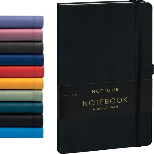 NOTIQUE Notizbuch Hardcover Notizheft Tagebuch 13x21cm - Schwarz Liniert | Ein Extra mit Gummiband und Stifthalter bietet ein Textil-Lesezeichen für saubere Notizen für Büro, Studium und unterwegs.