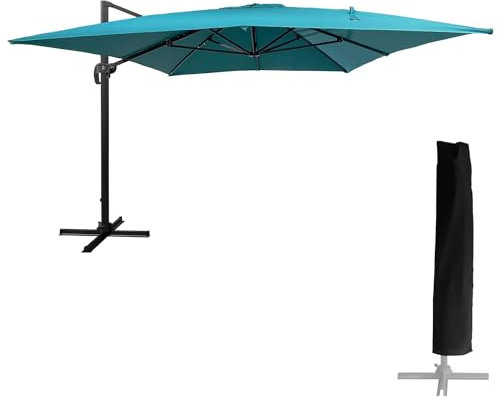 Happy Garden Parasol déporté MOLOKAI rectangulaire 3x4m bleu avec manivelle. Parasol déporté inclinable, rabattable et rotatif avec housse de protection.