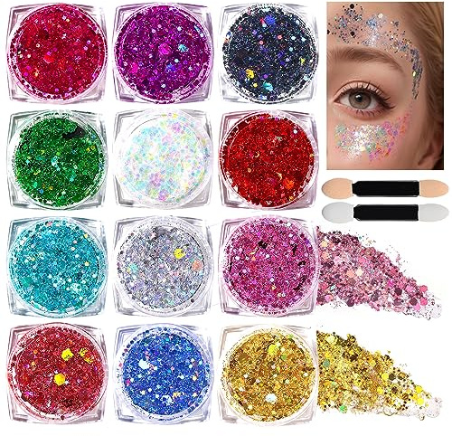 Teenitor Body Glitter Face Glitter Makeup Festival Glitter, 12 Colors Face and Body Glitter Gel, Hair Glitter Gel, Body Makeup