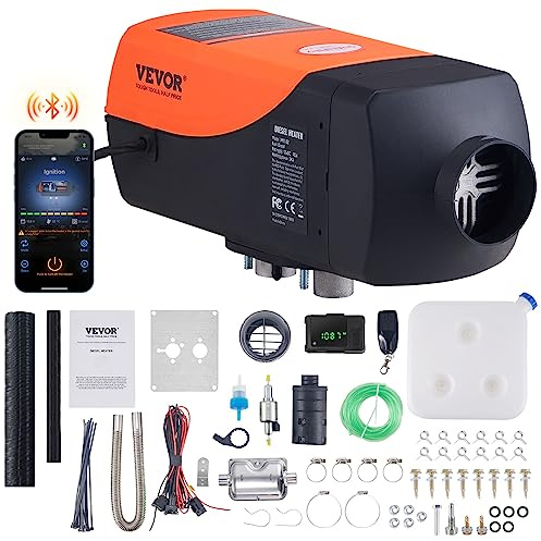 VEVOR Calentador de Aire Diesel 12V 2kW Consumo 0,12-0,26L/h Calefacción Estacionaria 8~36°C Ajustable 10-15m² Control Inteligente con LCD Bluetooth Mando a Distancia Tanque de 10L para Camión Barco