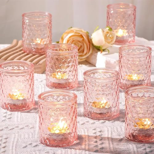 Azuritek 12pcs Rosa Teelichtgläser, Teelichthalter Glas Votivkerzenhalter Kerzenständer Vintage Für Kerzen Deko Hochzeitsdeko Tischdekoration