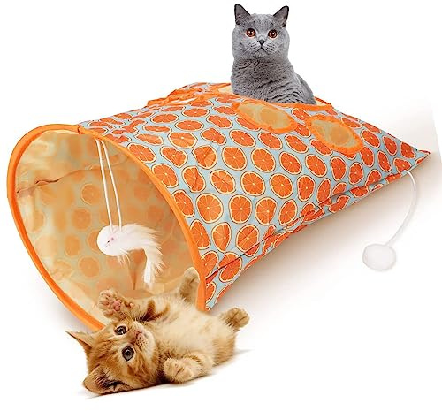AMONIDA Katzentunneltasche, Sicher zu Verwenden, 5 Löcher, Knistergeräusche, Interaktive Katzentunnel-Papiertüte, Langlebig, mit Plüschbällen für Katzen (Orange)