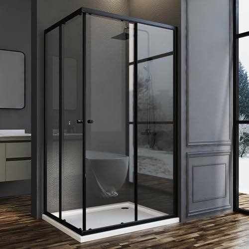 Eckeinstieg Duschkabine Schwarz 90x100cm Schiebetür Duschabtrennung, 100x90 Glas Duschschiebetür Duschkabine Schiebetüren Duschwand aus 6mm ESG Sicherheitsglas, Dusche Duschtür Höhe: 185cm