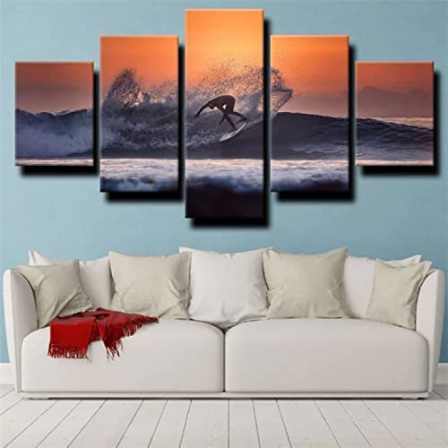 Bilder Leinwandbilder Surfen Sonnenuntergang Dämmerung Vlies Leinwand 5 Teilig Wandbilder Kunstdrucke Wandbild Bild Auf Kunstdruck Wanddeko Wand Wohnzimmer Wanddekoration Deko Modern Mit Rahmen 100 X