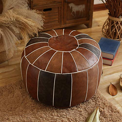Leder-Hocker, handgefertigt, gefüllt, Bestickt, Ottomane, Fußhocker, Heimdekoration, rundes Bodenkissen für Wohnzimmer, Café, Braun, 60 x 60 x 30 cm (24 x 24 x 12 Zoll)