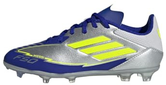 adidas Unisex niños F50 League Football Boots Firm Ground, Silver Metallic/Solar Yellow/Lucid Blue, 29 EU