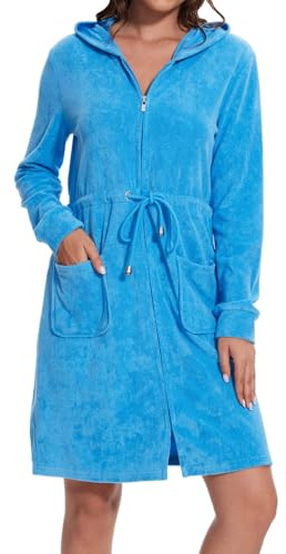 Mnamo Robe élégante pour femmes avec capuche et fermeture éclair en éponge, courte et légère, Turquoise., XL