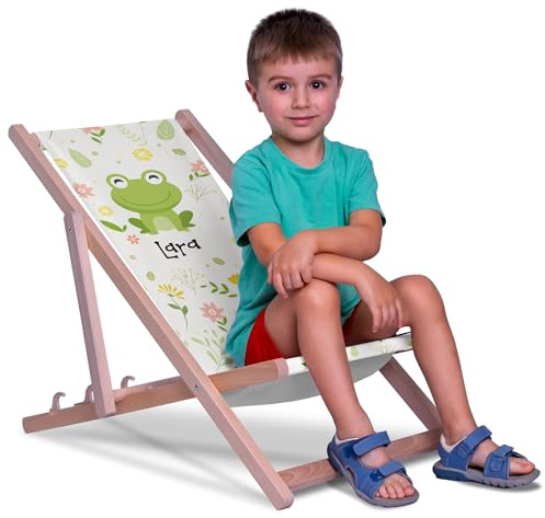 DreamRoots Kinderliegestuhl personalisiert Gr. S, Little Frog | faltbarer Kinderliegestuhl, Outdoor, für Garten, Camping & Strand, bis 30 kg, waschbarer Bezug, 100% Polyester