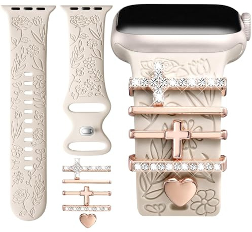 Designer Flower Engraved Strap with Charming Decoration Compatible with Apple Watch Straps Women 38mm 40mm 41mm 42mmm 44mm 45mm 46mm, Strap with Decoration for iWatch Series 11 10 9 8 7 6 5 4 SE