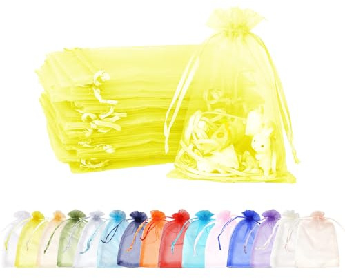 MORAINJAY 100 Stück Gelb Organzasäckchen,9x12cm Kleine Geschenkbeutel Organzabeutel Organza Beutelchen mit Kordelzug Sie als Hochzeit Bonbonsbeutel,Schmuckbeutel,Weihnachtsgeschenke,Geburtstag Party