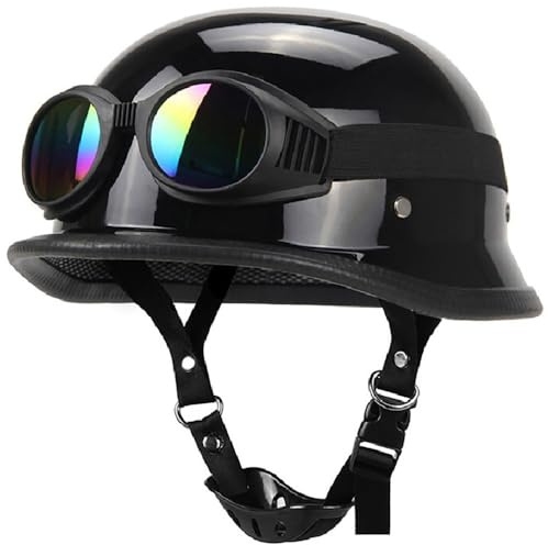 Vintage Caschi Cromwell, Casco a Scodella con Occhiali Antivento, ECE Omologato Mezzo Elmetto da Moto retrò per Uomo E Donna Biker Cruiser Scooter Touring