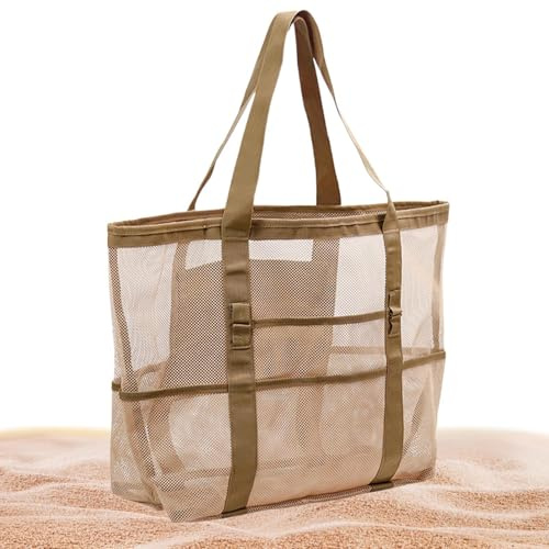 Mesh Beach Bags - Shoulder Bag for Women, Sandproof Storage Net for Food | Swim & Market Food Picnic Bag, Large Beach Bag, Mesh Bag, Toy, khaki, Siehe Beschreibung