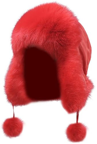 Reyox Damen Kunstfell Russische Mütze, Winddicht Schneedichte Trappermütze, Warme Fliegermütze mit Ohrenklappen für Outdoor-Aktivitäten Rot