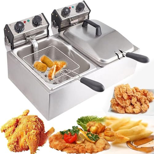 Friggitrici elettriche 6L *2 /12QT, padelle commerciali in acciaio inossidabile con 2 cestelli e coperchi, temperatura regolabile 60-200 °C, friggitrice grande per patatine fritte di pollo