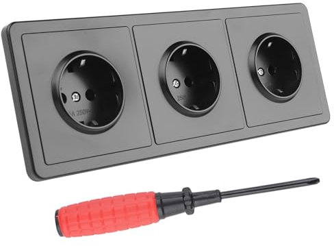 Presa di Corrente da Muro Nero con 1 Cacciavite Presa Elettrica Tripla da Muro 220-250V/16Amp Tutto in Uno Presa da Incasso Cucina con Artigli Contatto di Protezione - 3 Scomparti (226×82 mm)