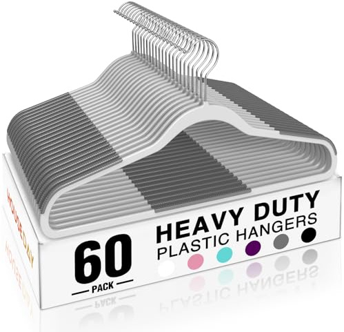 HOUSE DAY Heavy Duty Plastic Hangers 60 Pack, Non Slip Clothes Hangers with Rubber Pads and 360° Hook - Thin 0.2 Inch, Space Saving Coat Hanger Grey, Closet Organizer for Shirt, Pants, Suit, Skirt