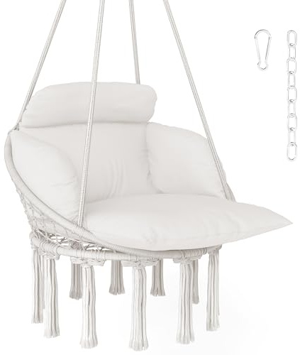 Outsunny Hanging Chair Outdoor Hammock Chair with Soft Cushion, Cotton Rope Boho Style Swing Chair, Hanging Garden Swing Seat for Indoor Outdoor, Cream White