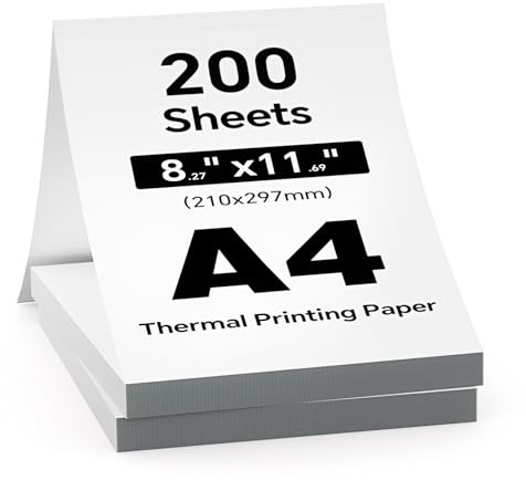 iDPRT 200 feuilles de papier pour imprimante A4 pour imprimantes portables, papier pour imprimante thermo 21 x 29,7 cm, 210x297 mm, compatible avec une large gamme d'imprimantes thermiques A4