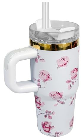 Tumbler avec poignée et paille - Avec couvercle et paille - En acier inoxydable 304 - Pour enfant, école, sport en plein air (fleur blanche)