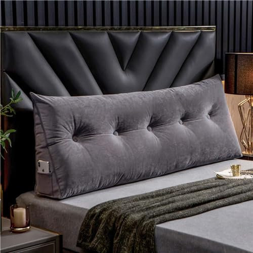 Luxuriöses Keil-Rückenstützkissen mit Tasche für Bett, Sofa, waschbar, Tagesbett, Dreieckskissen, große Größe (150 x 50 x 20 cm, Grau)