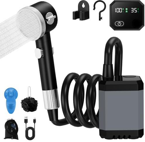 Douche de Camping, 6000mAh Pompe Douche Camping avec Affichage LED de la Température et Pression d'eau Réglable, Douche Portable Camping pour Camping/Lavage de Voiture, Douche Portative - IPX7 Étanche