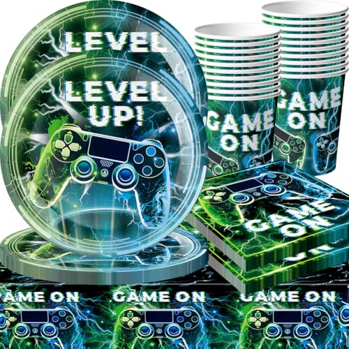 QYEHF Stoviglie per Feste da Videogiochi, 61 Set di Accessori per Forniture per Feste di Videogiochi,Riusabile Compleanno per Ragazzi con Piatti, Tazze, Tovaglia - per 20 Persone