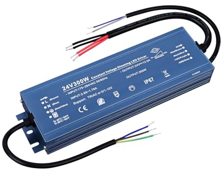 BENLUN Transformador LED Tensión Constante 24V 12,5A 300W IP67 Impermeable | LED Driver con Dimming TRIAC, Fuente de Alimentacion Regulación 5 en 1, AC 200V-240V a DC 24V Power Supply para Tira LED