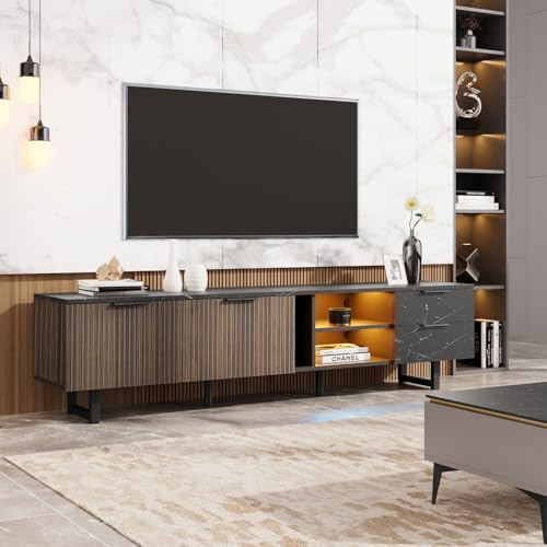 OLIVIBED 200 cm TV-skåp med mörka träkornsdörrar, justerbar LED-belysning, låg hylla med 2 lådor och dörrar, modernt vardagsrum, svart