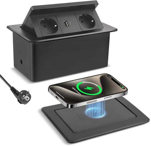 Versenkbare Steckdose mit USB C PD 20W und 15W Kabelloses Ladegerät,2-Fach Einbausteckdose Tischsteckdose für Arbeitsplatte Schreibtisch Küche