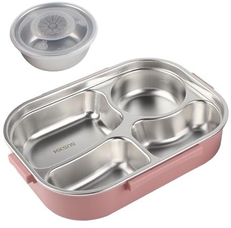 Ejoyous Stainless Steel Lunch Box 4-Way Portable Container with Water-Filled Heat Layer and Cutlery Set in The Lid Densely Densely by Silicone Seal and (Four-Grid Lunch Box with Soup Bowl: Pink