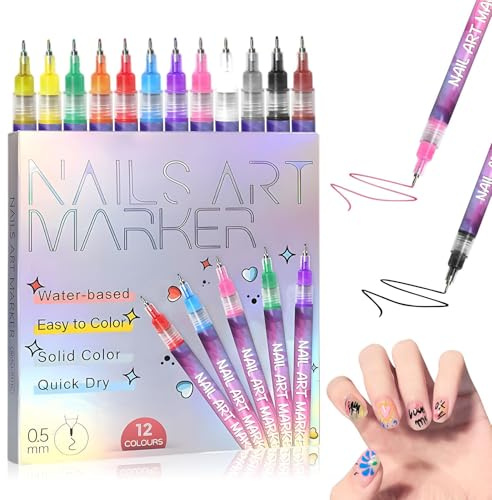 12 Colors Nail Art Pens Set, 2025 Upgrade Nail Art Markers, DIY Quick Dry Graffiti Dotting Point Liner Pens, 3D Polish Pens for Graffiti, Dotting, Liner & Painting (1Set 0.5MM)