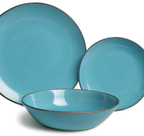 RSK Goods Serenade 18-Piece Stoneware Dinnerware Set – 6 Dinner Plates (27.5cm), 6 Salad Plates & 6 Cereal Bowls (21cm) – Durable, Microwave & Dishwasher Safe (Hand- Painted Blue)