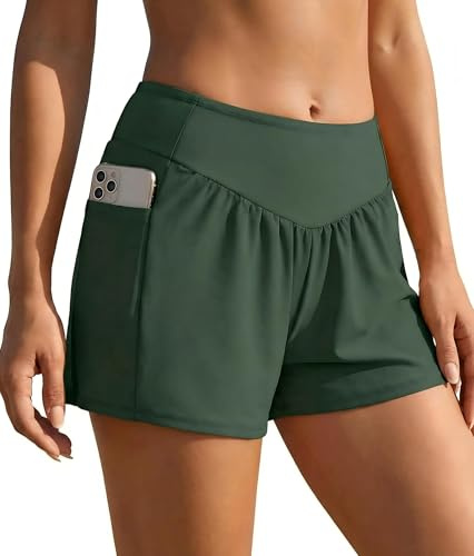 Ekouaer Women Swim Beach Shorts with Pockets Liner S-2XL | 2 layers with stretchy boxer liner, wide elasticated high-rise waistband, side pockets, relaxed leg, athletic