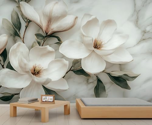 White Magnolia Photo Wallpaper 350x254cm Nordic Marble Mural Magnolia Large Wallpaper for Living Room Floral Marble Wall Decor (Not Peel n' Stick)