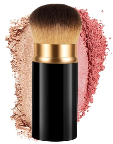 AOOTE Indragbar Kabuki-borste, bärbara resesminkborstar med lock, infällbar rodnad borstar, resepulverborstar för rodnad, bronzer (stort runt huvud)
