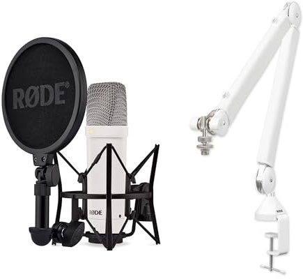 RØDE NT1 Signature Series Micrófono de Condensador + Brazo de Estudio PSA1+ – Kit de Grabación Profesional para Voz, Streaming y Podcast (Blanco)