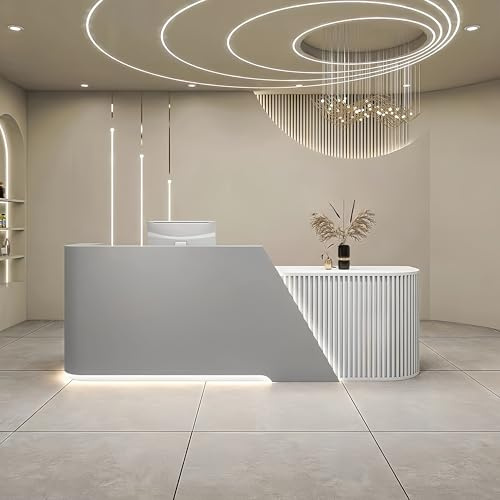 Receptioner, 180 cm, randig, med dold LED-belysning, tangentbordshylla och lådor för salong, reception, kontor eller café
