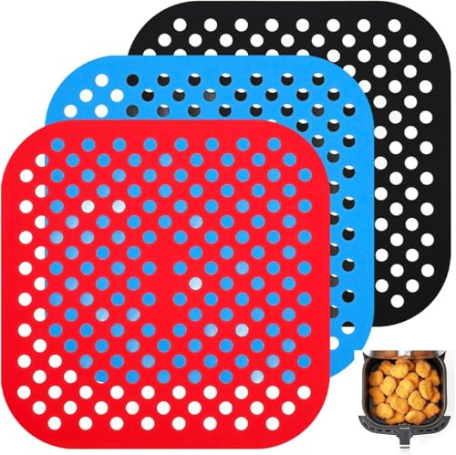 3 Piezas Alfombrilla Silicona Air Fryer 21.5 cm, Tapete Reutilizable para Freidora de Aire, Liner de Silicona Antiadherente Perforado, Accesorios para Air Fryer (Rojo + Azul + Negro)