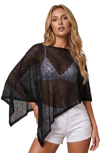 Edhomenn Dam Sheer Flowy Poncho enfärgad båthals magskydd, Svart, en storlek