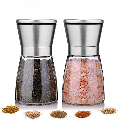 Set moulin à sel et moulin à poivre-Salière et poivrière en acier inoxydable de première qualité avec réglage de la grosseur-Poivre en verre-Moulin à épices avec broyeur en céramique(Short 2pièces)
