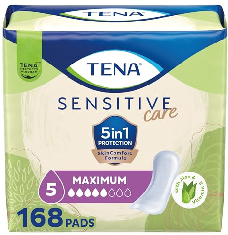 TENA Intimates Maximum Absorbency Incontinence/Bladder Control Pad for Women, Regular Length, 168 Count (3 Packs of 56) | Made for sensitive skin, these bladder control pads help keep your skin irritation and leak free for comfort and security
