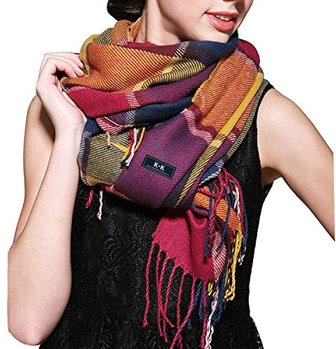 ECOMBOS Damen Schal Winter - Kariert Quadratisch Deckenschal Herbstschal Winterschal Karo Tartan Streifen Plaid Muster XXL Schal Oversized Fransen Poncho