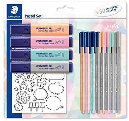 STAEDTLER Pastell Set zum Markieren, Schreiben und Malen, mit Finelinern, Filzstiften, Textmarkern und Ausmal-Sticker, in hoher Qualität, 61 SBK1 PA