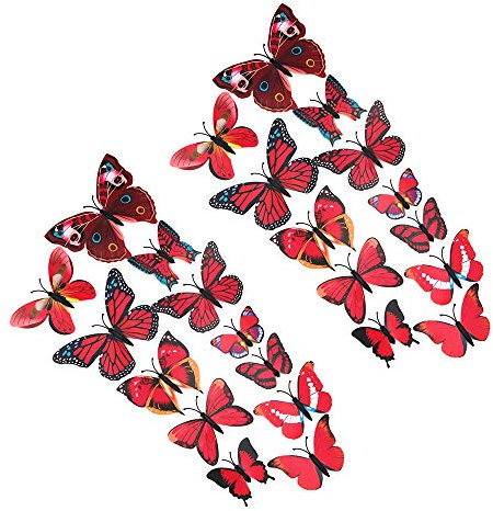 Shiwaki 24pcs Simulazione 3D Farfalla Tridimensionale Magnete Adesivo da Parete Decorazione Frigorifero Adesivo Decorazione della casa (Rosso)