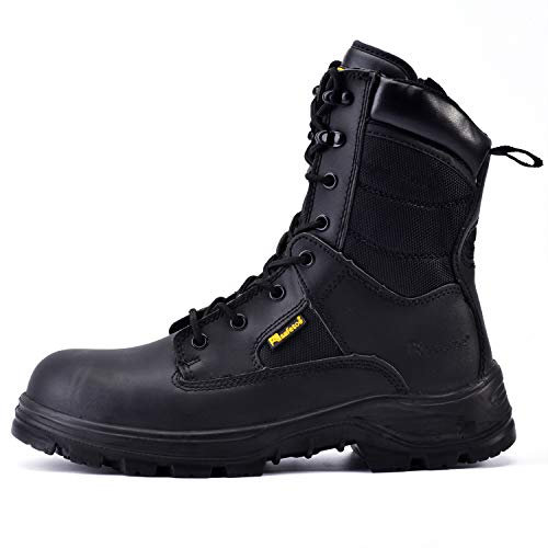 SAFEYEAR Militär & Arbeitsstiefel für Herren & Damen, wasserdichtes Echtleder, Stahlkappe & Stahlsohle, rutschfeste SRC-Sohle, breite Passform 4E, seitlicher Reißverschluss, S3 ESD, EU 43